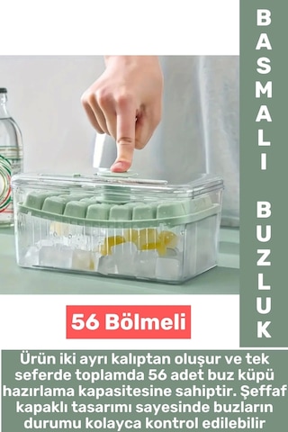 Dayanıklı Sert Plastik Zahmetsiz Bpa İçermez Şeffaf Kapaklı Hazneli 56 Bölmeli Basmalı Pratik Buzluk Çok Renkli