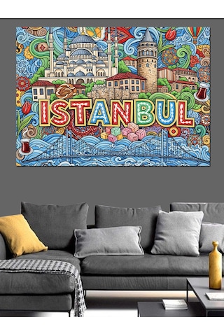 Ahşap Tablo Renkli İstanbul Yazılı Şehir Kolajı