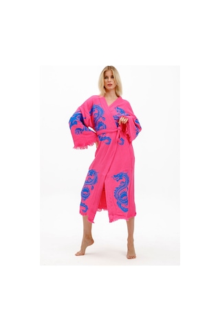 Befera Dragon Müslin Kimono Pamuklu Ejderha Baskılı Desenli Bornoz Kaftan Sabahlık Fuşya