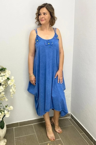 Mia Butik Büyük Beden Mavi Pamuklu Şalvar Kesim Çiçekli Elbise Mavi