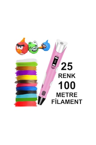 Pembe 3D Kalem Yazıcı+25 Renk 100 Metre (25X4Metre) Pla Filament