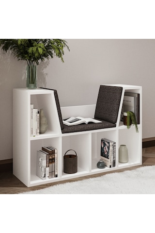 Livora Minderli Kitaplık - Oturma Alanlı 103 Cm Minimalist Tasarım Beyaz