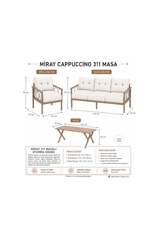 Miray Cappuccino 311 Masalı Bahçe & Balkon Oturma Grubu 3+1+1 Metal İskelet, Gri Minderli