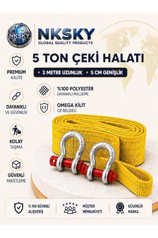 5 Ton Araç Çekme Halatı 3 Metre 5 Cm Genişlik Ce Belgeli Omega Kilit Oto Çeki Halatı Sarı