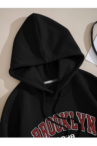 Clayes Brooklyn New York Sweatshirt - Siyah Baskılı Oversize Kapüşonlu Siyah