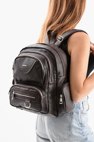 Baginn Suni Deri Kadın Sırt Çantası 38 28 Cm Mega Bag Günlük Kullanıma Uygun Çok Cepli İçi Astarlı Kahverengi
