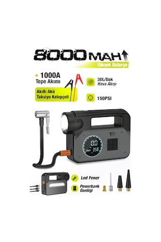 7go 7a2 8000mah Akü Takviyeli Hava Pompası 1000a Jump Starter, 150 Psı Dijital Lastik Şişirme Kompre