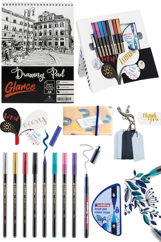 Eskiz Defteri Edding Happy Lettering Set 9er Set + Renk Karıştırıcı, Çeşitli Stifte