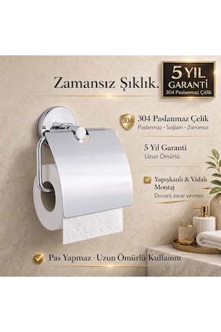 Alper Banyo Kapaklı Tuvalet Kağıtlığı, 304 Paslanmaz Çelik, Krom Kaplama Wc Kağıtlık, Yapışkanlı Ve Vidalı Diğer