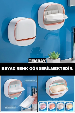 Beyaz Yapışkanlı Modern Sabunluk Kapaklı Kendinden Boşaltmalı Su Tutmaz Katı Sabunluk 1 Adet Beyaz