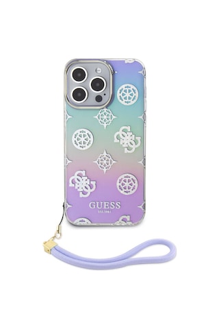 Apple Uyumlu iPhone 15 Pro Max Kılıf Guess Lisanslı Desenli Yazı Logolu Askı İpli Holografik Glitter Peony Siyah