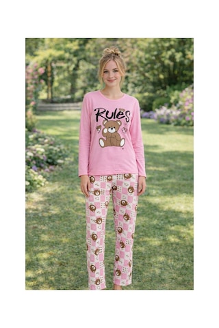 Rindahomewear Kadın Rules Ayıcık Baskılı Süprem Uzun Kol Pijama Takımı Pembe1