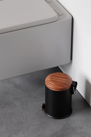 Zift Unique Mat Siyah Çöp Kovası- Vintage Model Ahşap Desenli 5lt Kovalı Çöp Kutusu, Amortisörlü Çöplük Siyah