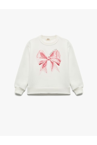 Koton Uzun Kollu Bisiklet Yaka Şardonlu Fiyonk Baskılı Sweatshirt Ekru 7wkg10017ak