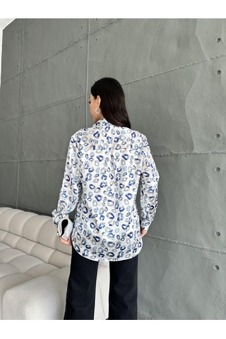 Kadın Oversize Ekru Renk Mavi Öpücük Detaylı Saten Gömlek-mavi Mavi