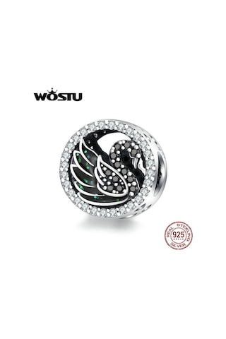 Wostu 925 Ayar Gümüş Siyah Kuğu Boncuk Zirkon Yuvarlak Takılar Fit Bilezik Kolye Takı Gümüş