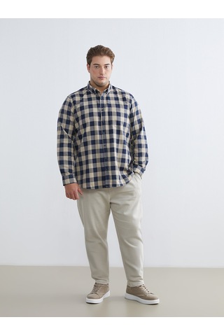 Lcwaıkıkı Classic Bej Büyük Beden Regular Fit Uzun Kollu Ekose Gabardin Erkek Gömlek