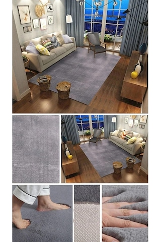 Raschel Carpet Koyu Gri Lüks Raschel Kaymaz Taban Peluş Halı Yolluk Koyu Gri