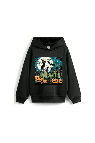 Stil X Halloween - Cadılar Bayramı Baskılı, Kapüşonlu Çocuk Sweatshırt, 3 İplik Şardonlu Siyah-6