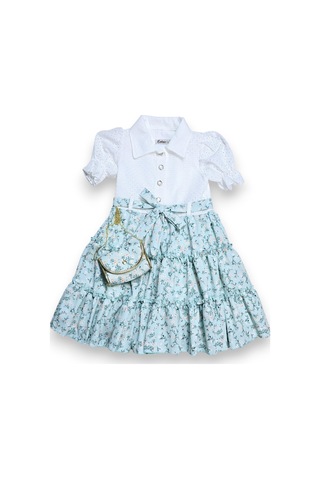 Çantalı Çiçekli Kız Çocuk Elbise Yeşil