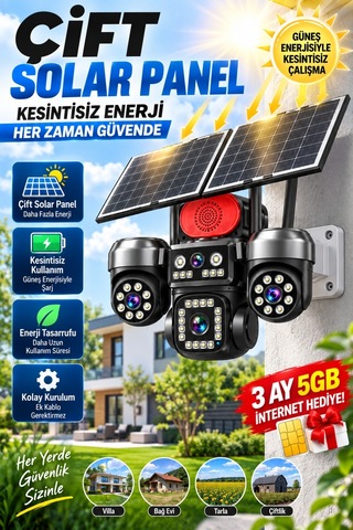 4g Solar Güvenlik Kamerası 4 Kameralı 3 Ptz Çift Solar Panel İnsan Takip Gece Görüş Siren Ip66