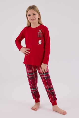 Arnetta Kız Çocuk Aile %100 Pamuklu 4 Mesim New Year Uzun Kollu Pijama Takım Kırmızı
