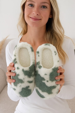 Puffy Kadın Ev Terliği Kışlık Terlik Kauçuk Ses Yapmaz Taban Yeşil