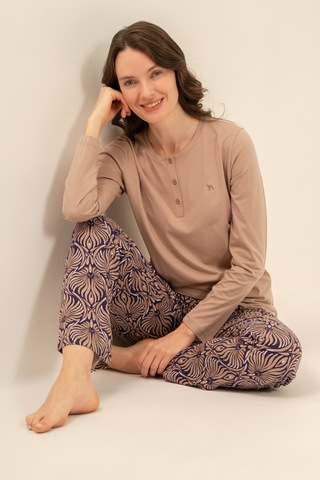 Arnetta 3770 Modal Pamuk Yumuşak Dokulu Uzun Kol Battal Büyük Beden Kadın Pijama Takımı Vizon