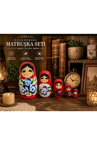 İç İçe Geçen Dekoratif Oyuncak 5'li Ahşap Matruşka Rus Bebek Seti El Boyama Ev Dekoru Hediye Kırmızı Hediyelik Eşya