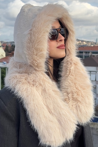 Mollycrush Kadın Bej Suni Kürk Eşarp Atkı Şapka Kışlık Sıcak Tutan Soft Peluş Model Bej