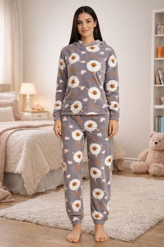 Burcumay Kadın Desenli Kapüşonlu Gri Polar Pijama Takımı Gri