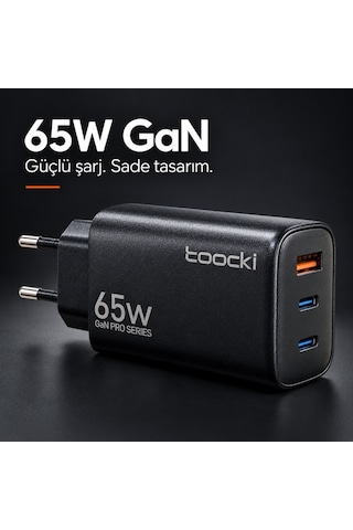 Toocki 65w Gan Pro 3 Portlu Hızlı Şarj Adaptörü 2 Usb-c Ve 1 Usb-a Pd 3.0 Pps Qc 3.0 Avrupa Tipi Fiş Siyah 14360204