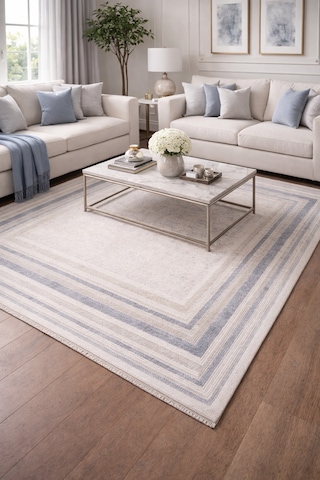 By Özer Halı Gri Renk Mavi Bordürlü Modern Stil Artemis Halı Romantik 02432b Salon Halısı Çok Renkli