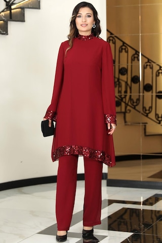 Umay Şifon Tunik Pantolon İkili Tesettür Takım Bordo Bordo