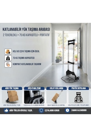 Buffer Katlanabilir Yük Taşıma Arabası, 2 Tekerlekli 75 Kg Kapasiteli Portatif Eşya Ve Koli Taşıma Arabası