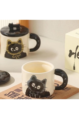 Tenfowee Kedi Desenli Seramik Bardak - Gri Renk 370ml - Dayanıklı Kahve/çay Bardağı - Ev/ofis Kullanıma Uygun Gri