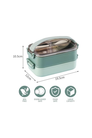 Vagonlife Bento 1500ml 2 Katlı 3 Bölmeli Paslanmaz Çelik Yemek Kutusu Yeşil Beyaz