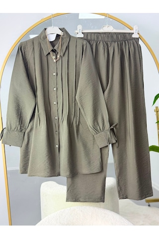 Lovie Moda Pile Detaylı Gömlek Pantolonlu Takım Haki Lovie Moda Pile Detaylı Gömlek Pantolonlu Takım Haki