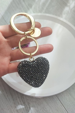 Zirkon Taşlı Antrasit-gold Renk Kalp Model Çanta Aksesuarı Ve Anahtarlık