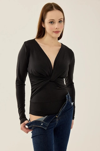 Hiccup V Yaka Uzun Kollu Slim Fit Bodysuit Siyah