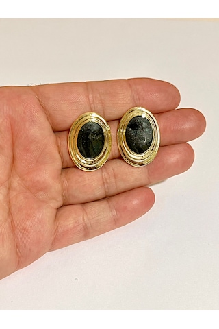 Vintage Gold Oval Siyah Taşlı Küpe - Retro Şıklık Altın - Siyah