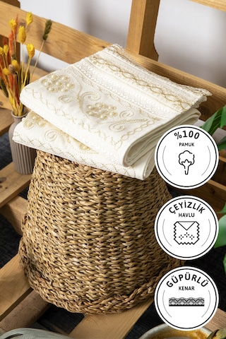 %100 Pamuk Güpürlü Çeyizlik 2'li Havlu 50x90 - Krem Krem