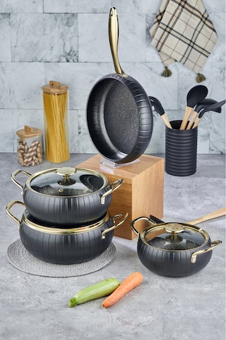 Cooker 7 Parça Granit Tencere Tava Seti Siyah