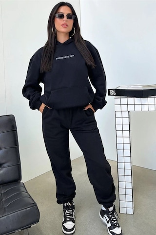Thatssofetch Eşofman Takımı Sweatshirt Jogger - Siyah Baskılı Oversize Şardonlu Kapüşonlu Koyu Siyah-265251