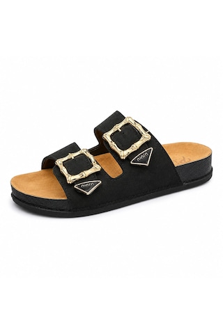 Koray Shoes Piomi Kadın Çift Tokalı Ortopedik Siyah Süet Anatomik Destekli Şık Terlik