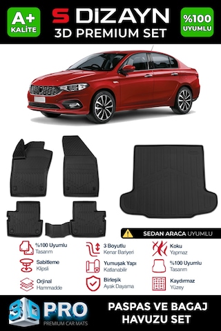 S-dizayn Fiat Egea Sedan 3d Pro Havuzlu Paspas Ve Bagaj Havuzu Seti 2'li Set 2015 Üzeri A+ Kalite