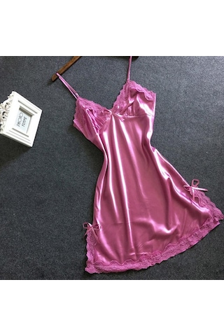 Suntek Bayan Sexy Lingerie Pijama Saten Ilmek Dantel Babydoll Pembe