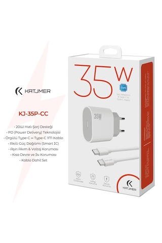 Katjmer Kj-35pg-cc Gan 35w Pd Şarj Adaptörü Type-c To Type-c Kablo Beyaz