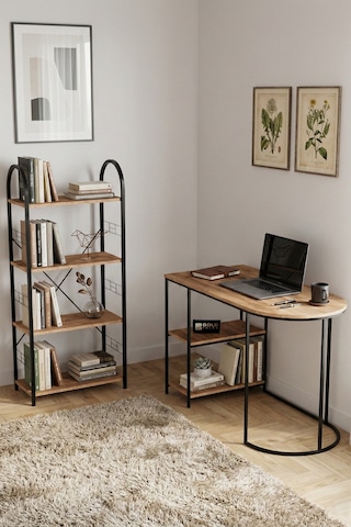 Çalışma Masası Ve Kitaplık Seti Metal Ayaklı, Minimalist Tasarım, Geniş Masa Alanı, Çok Raflı Depolama,modern 125 Atlantik Çam