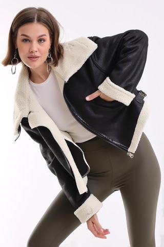 Winmoda34 İçi Kürk Astarlı Biker Kısa Ceket Siyah